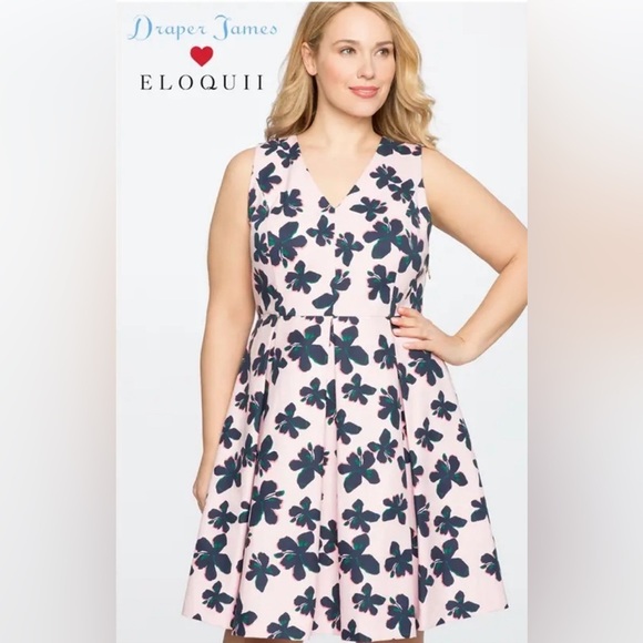 Draper James for ELOQUII Hibiscus Fit and Flare Dress Plus Size 16 Pink Green - Picture 1 of 6